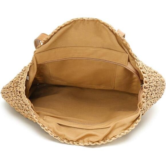 Khaki Straw Bag Round Summer Straw Large Woven Beach Bag Purse For Women - Picture 6 of 7